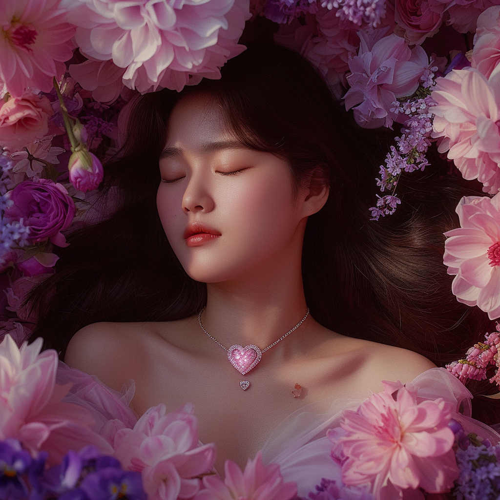 Korean woman with necklace in flower bed