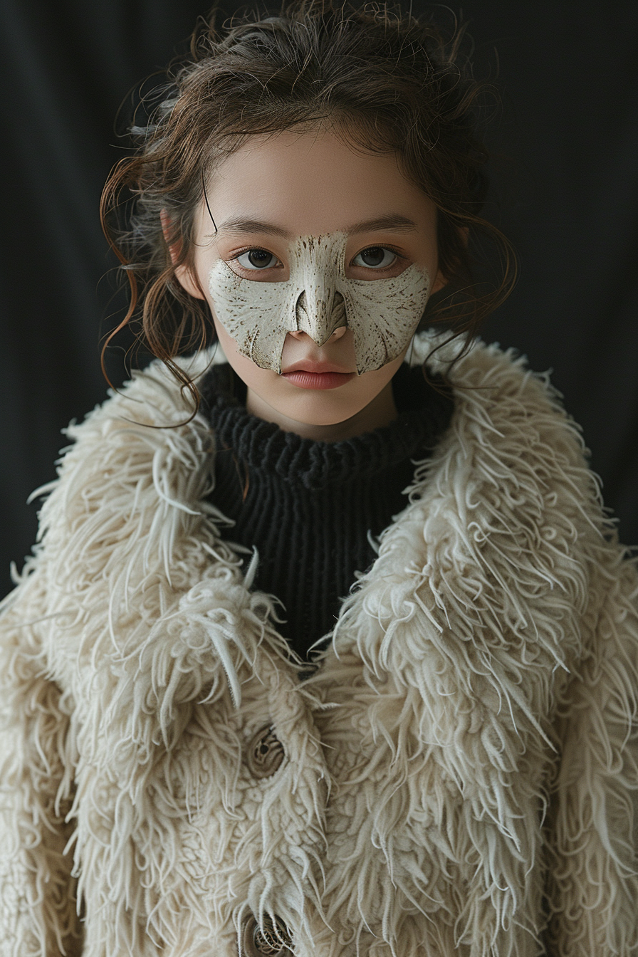 Korean woman with white bird skull mask