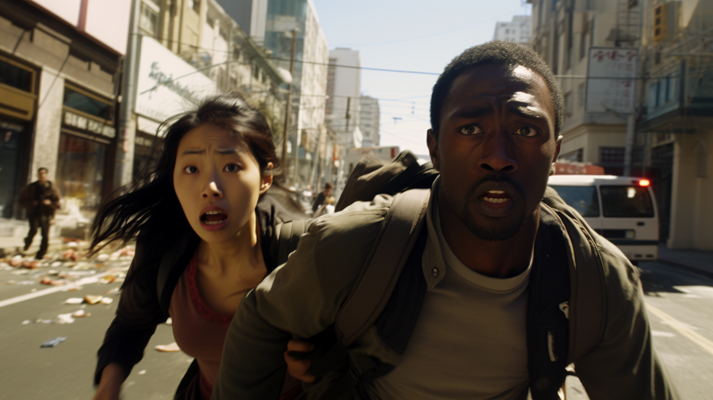 Asian woman and black man having a panic attack in San Francisco