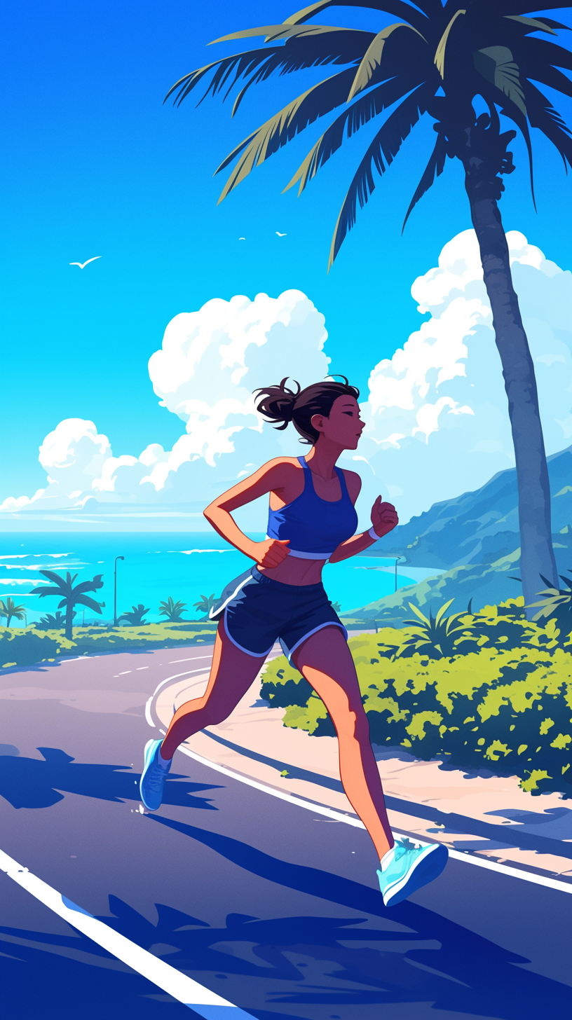 Korean woman jogging in Hawaiian scenery