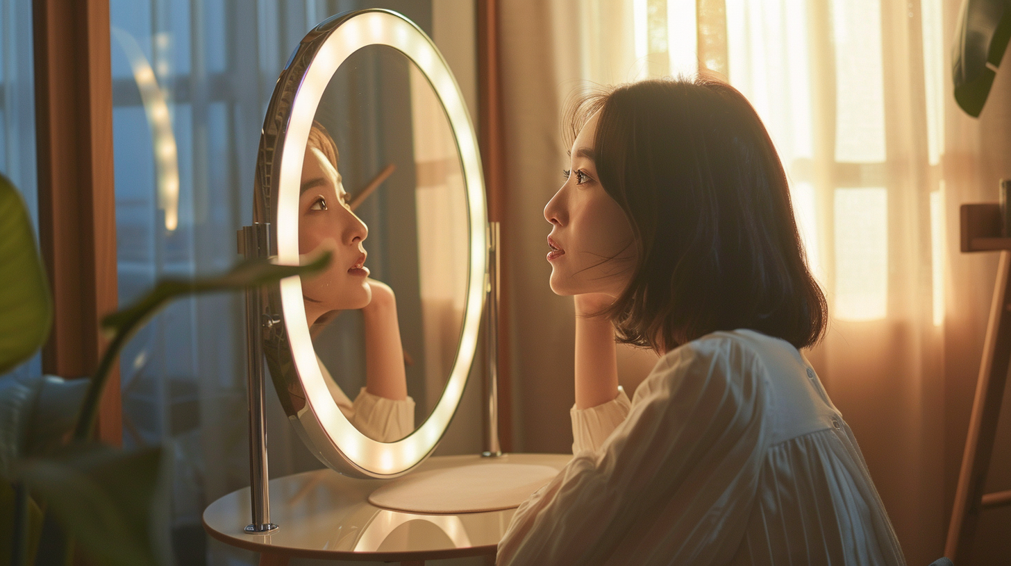 Young Korean woman with mirror