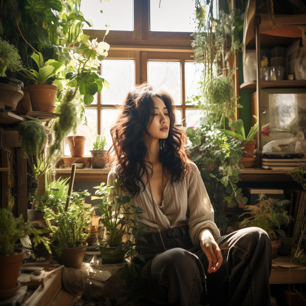 Korean woman interacting with plants