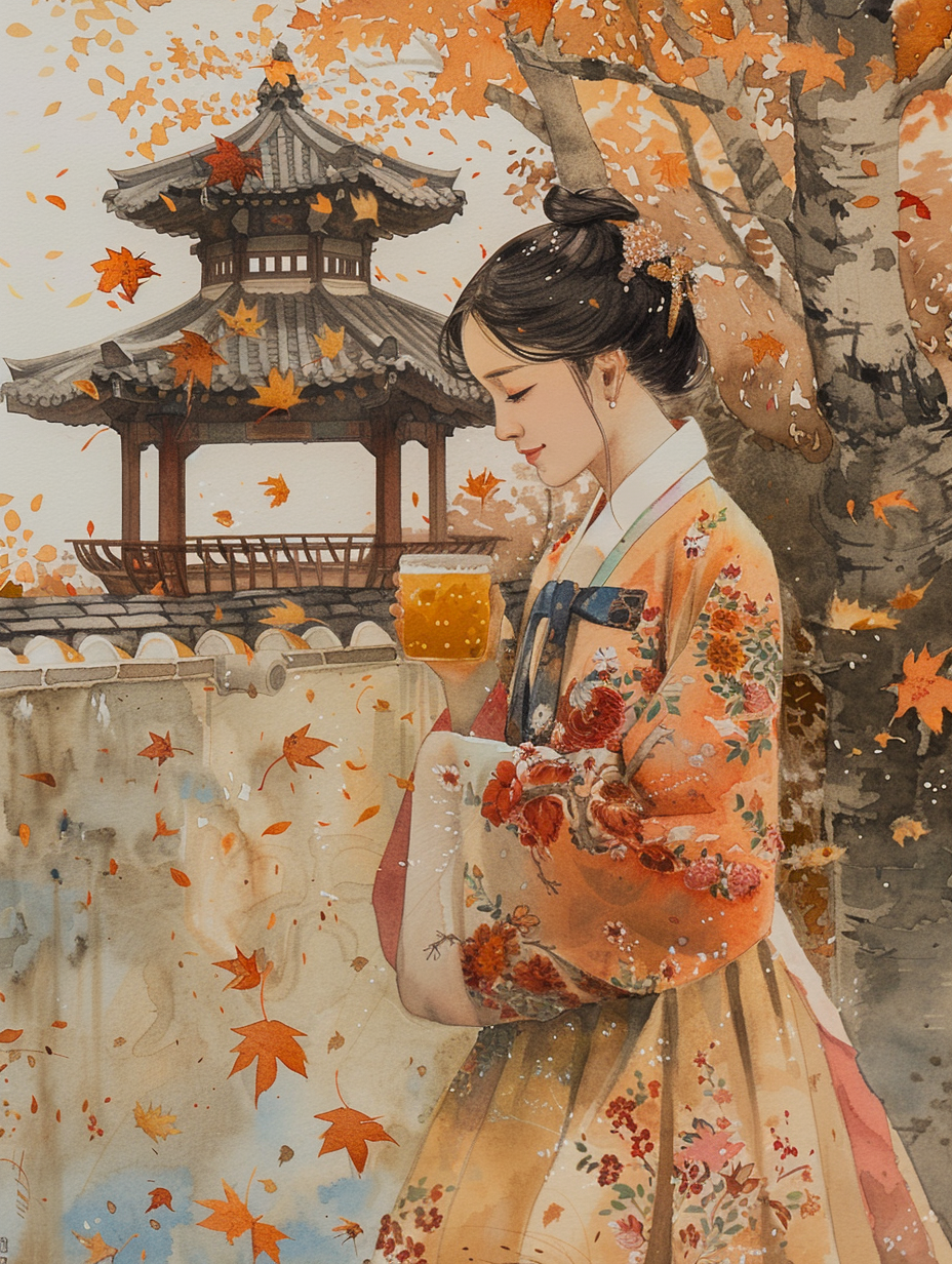 Korean Woman Holding Pumpkin Juice in Traditional Hanbok