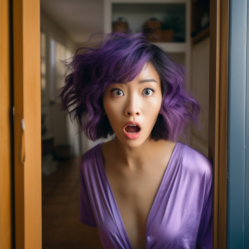 Korean woman with purple bob haircut surprised