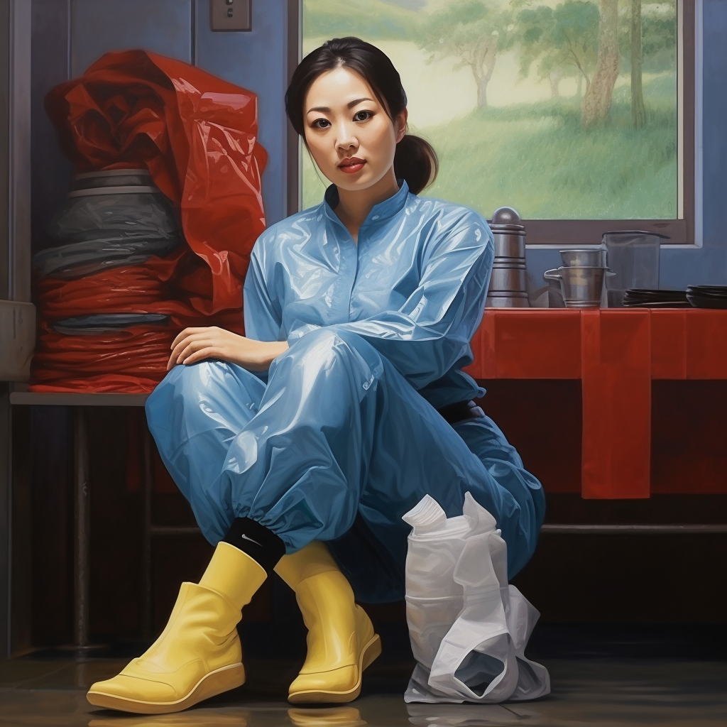 Korean woman wearing rubber gloves on feet