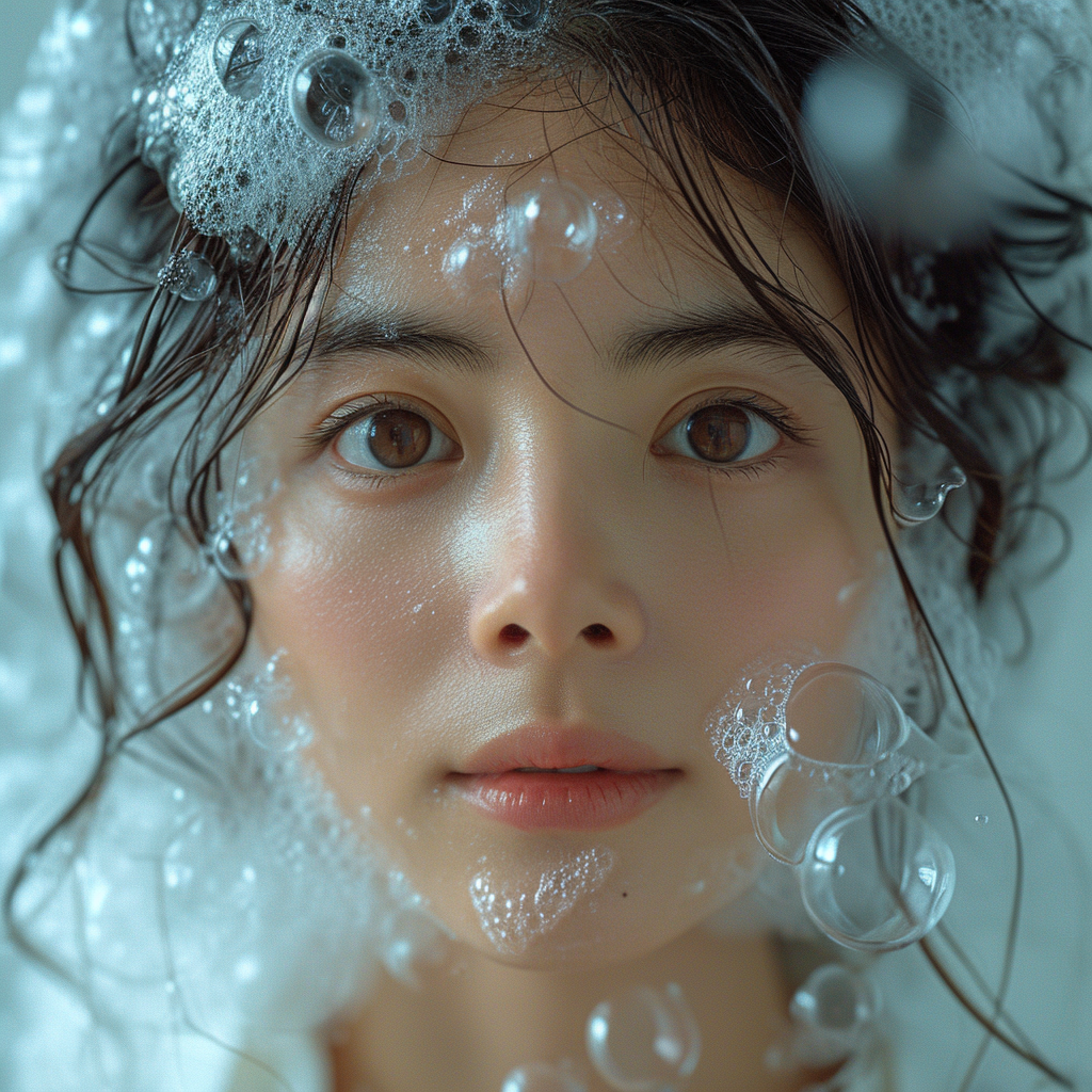 Korean woman with shampoo foam on head