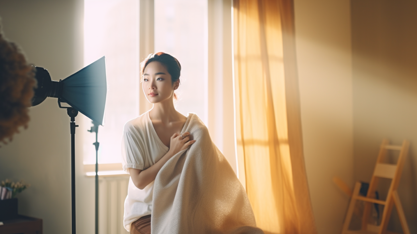 Korean woman with shoulder heating pad