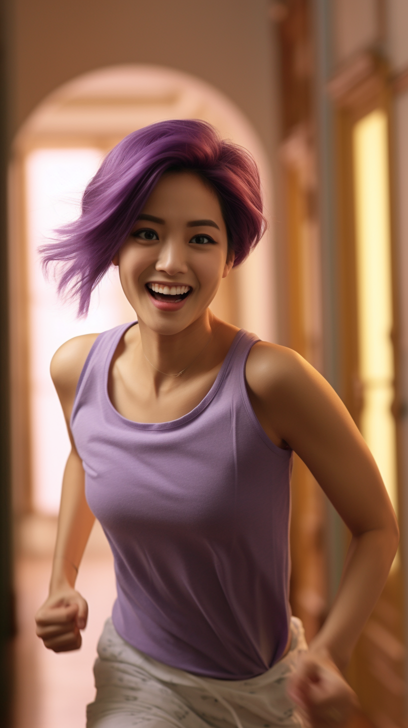 Smiling Korean woman running in museum scene