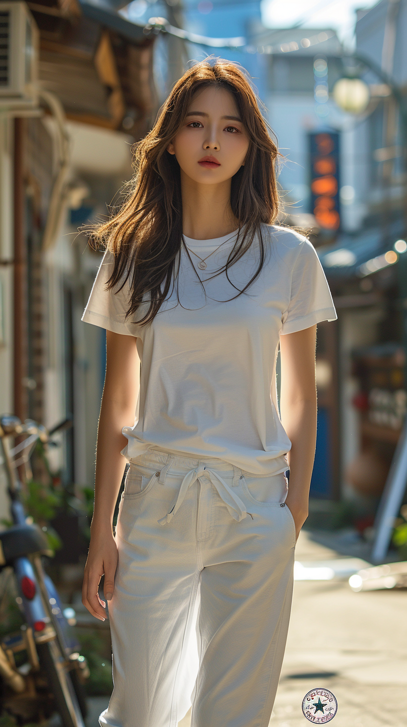 Korean woman walking full body