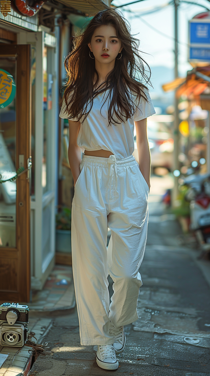 Korean woman walking white pants