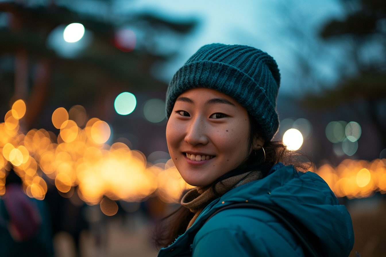 Young Korean woman smiling in a serene Seoul park at night