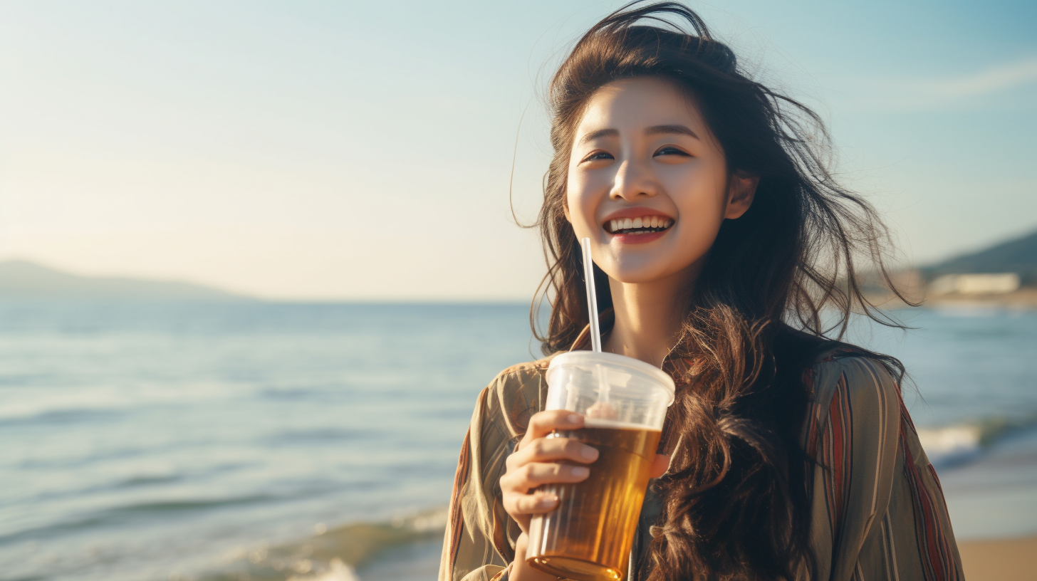 Korean model smiling at beach