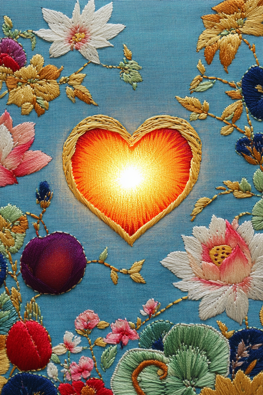 Korean heart embroidery with colorful flowers