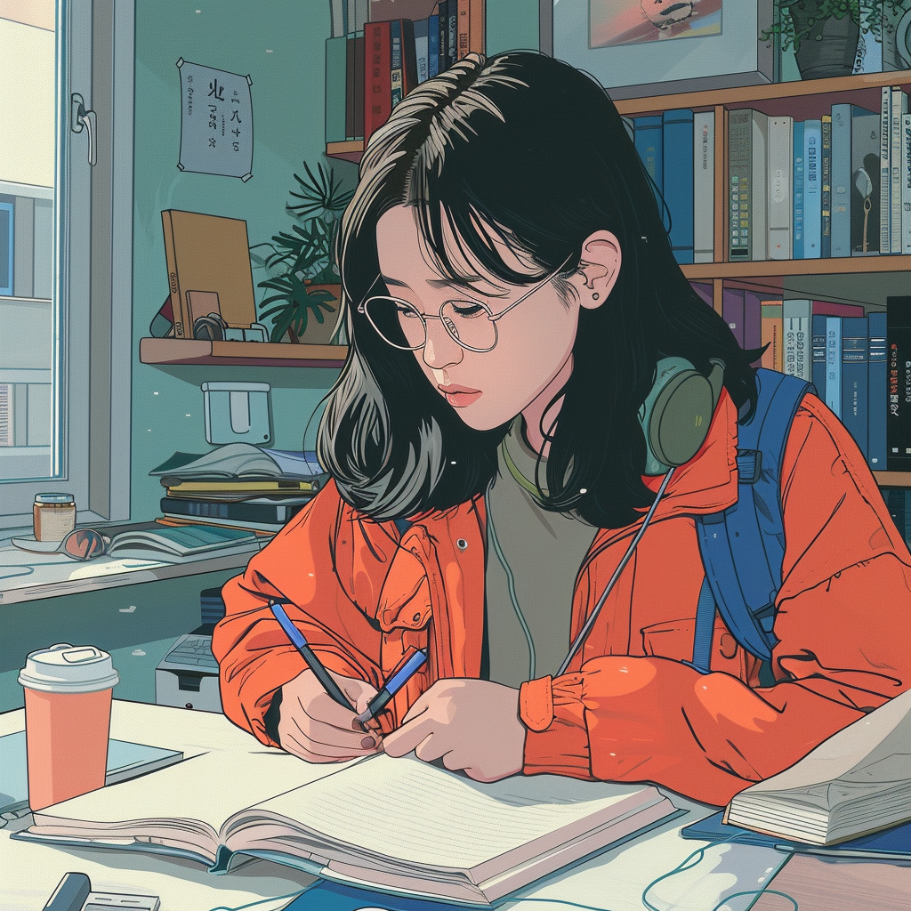 Korean Lofi Girl Studying Illustration