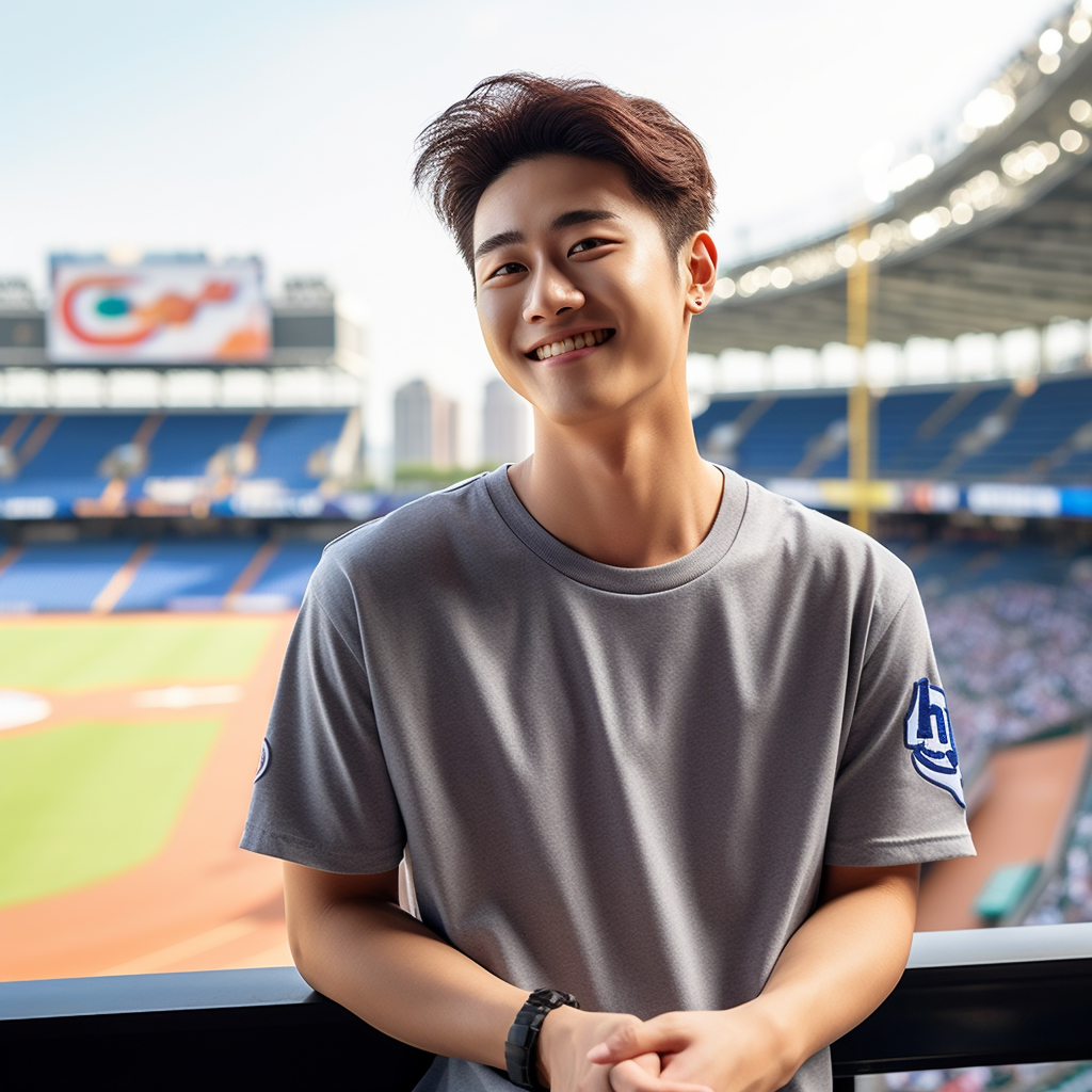 Korean Male Enjoying Baseball Game in Blue T-shirt