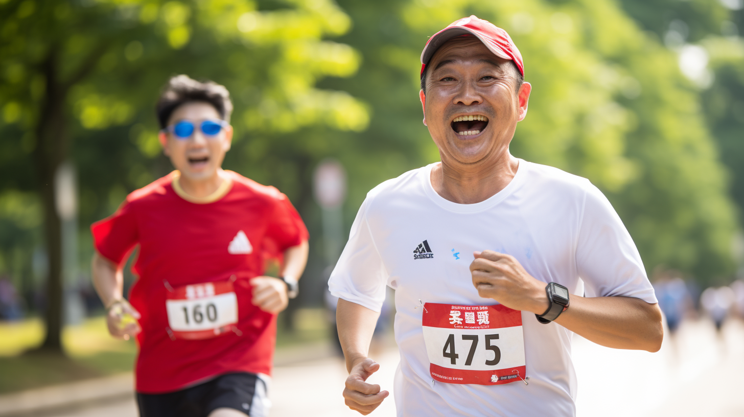 Two Korean men running marathon together