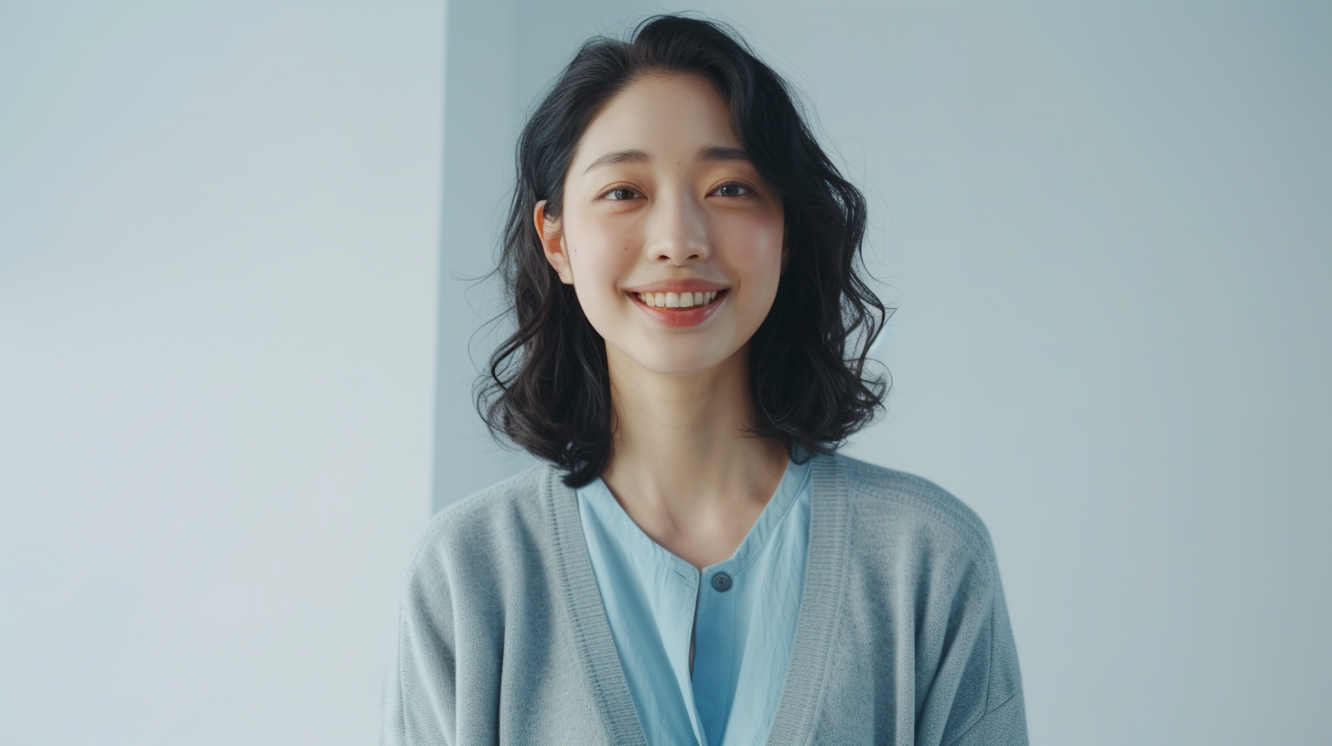 Korean woman in blue shirt smiling