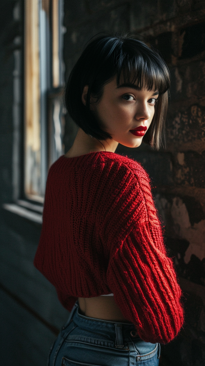 Korena girl in red sweater and jeans
