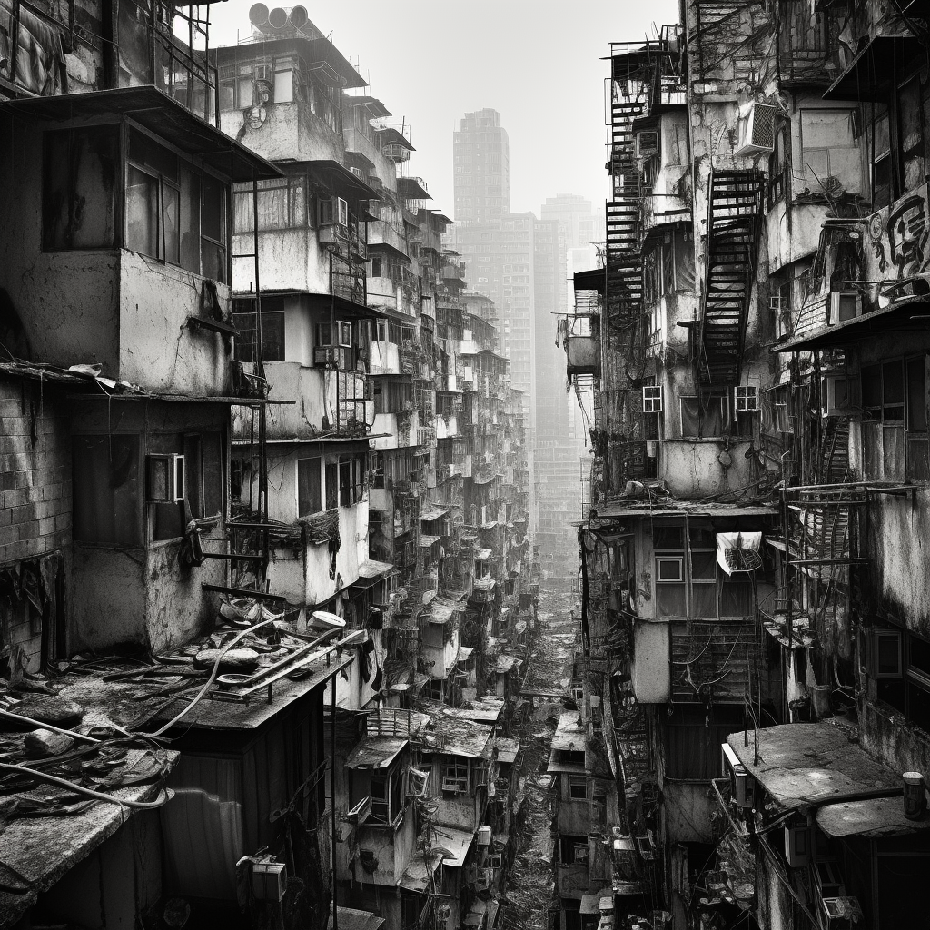 The iconic Kowloon Walled City in black and white