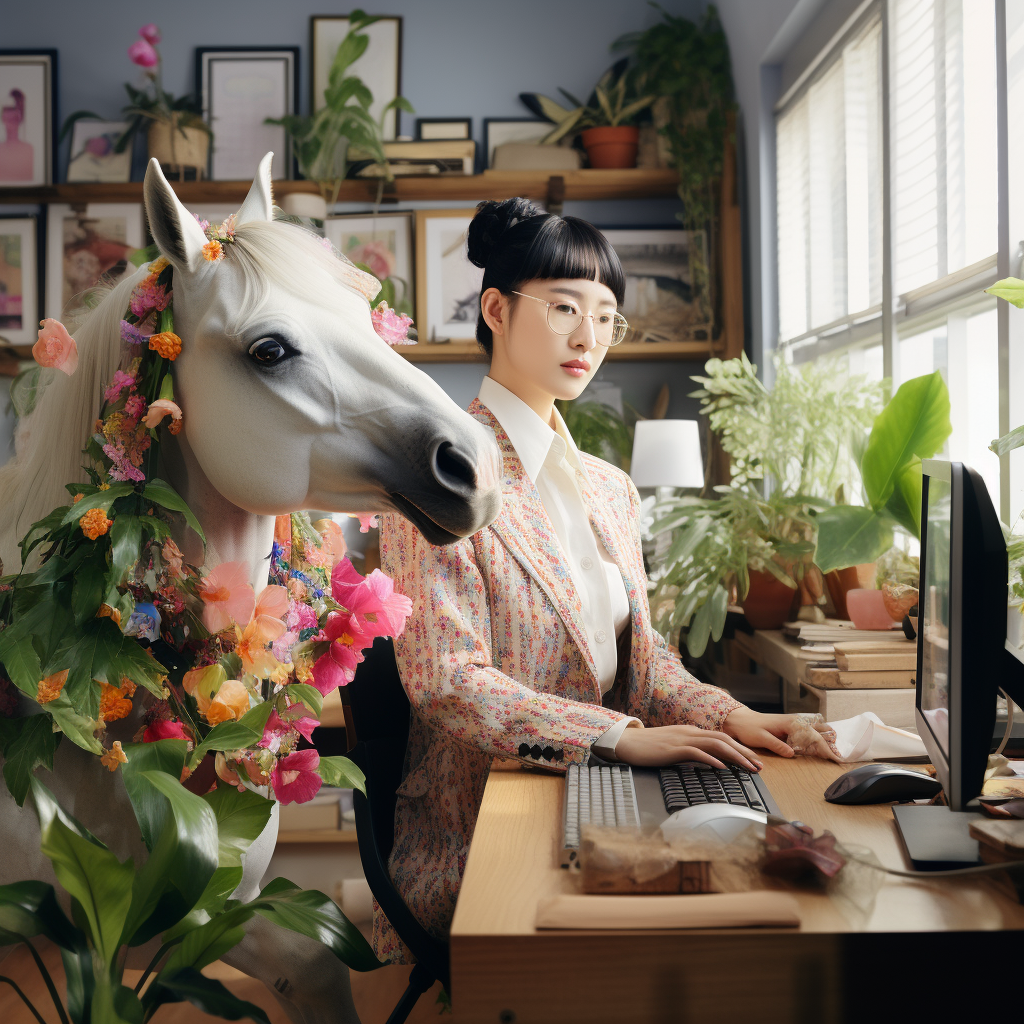 K-Pop Female Idol on Unicorn in Exotic Plant-Filled Office