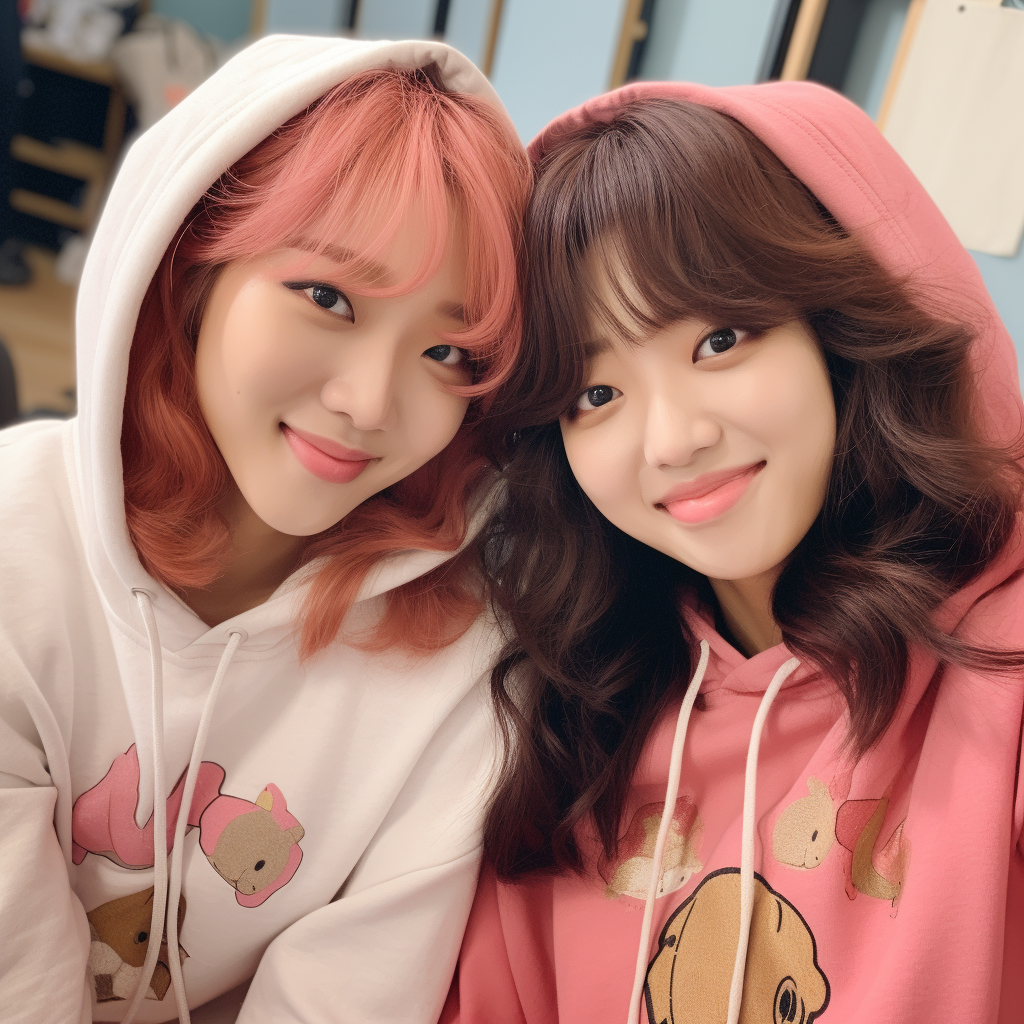 Closeup selfie of two cheerful Kpop idol girls in cute hoodies