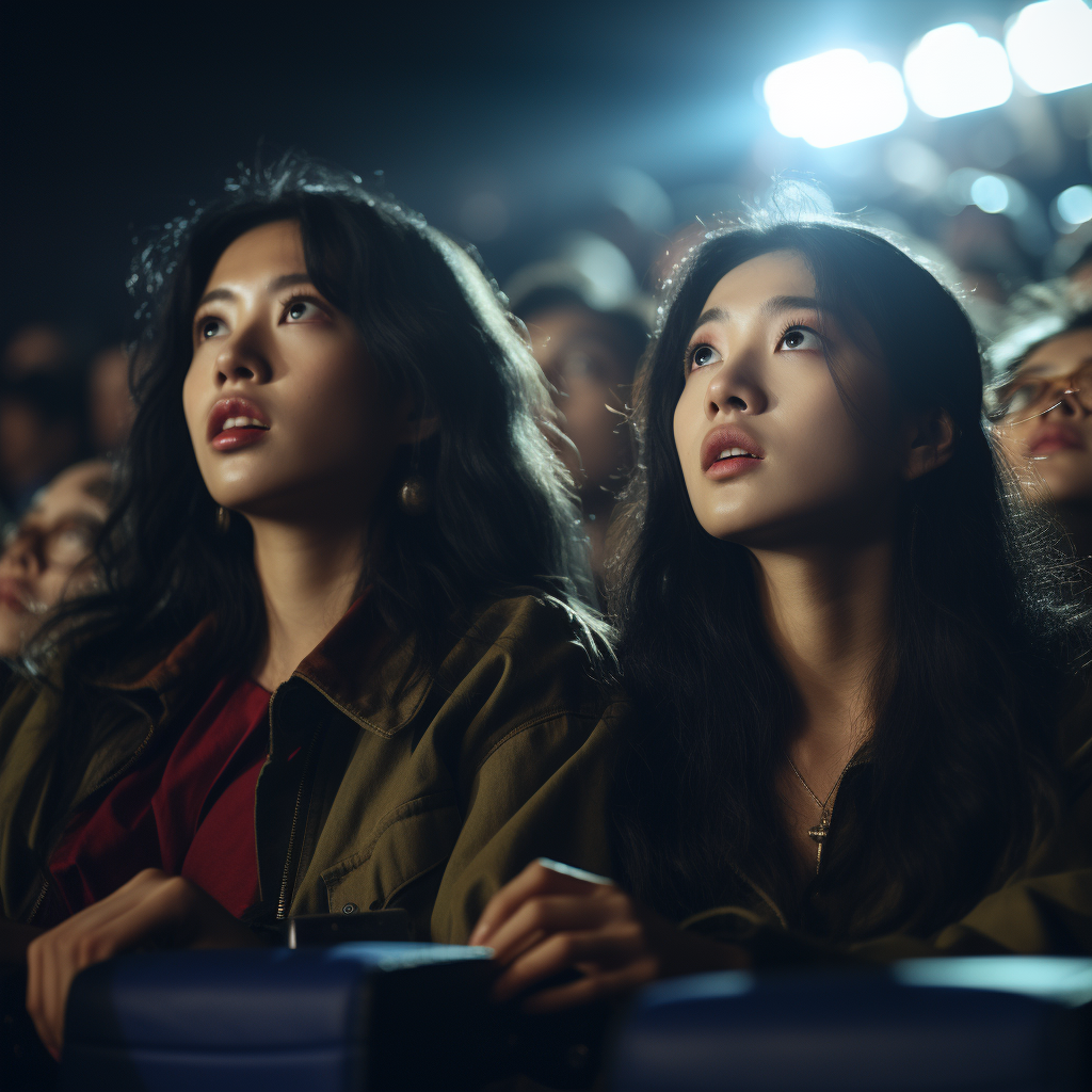 Two focused Kpop women in cinema