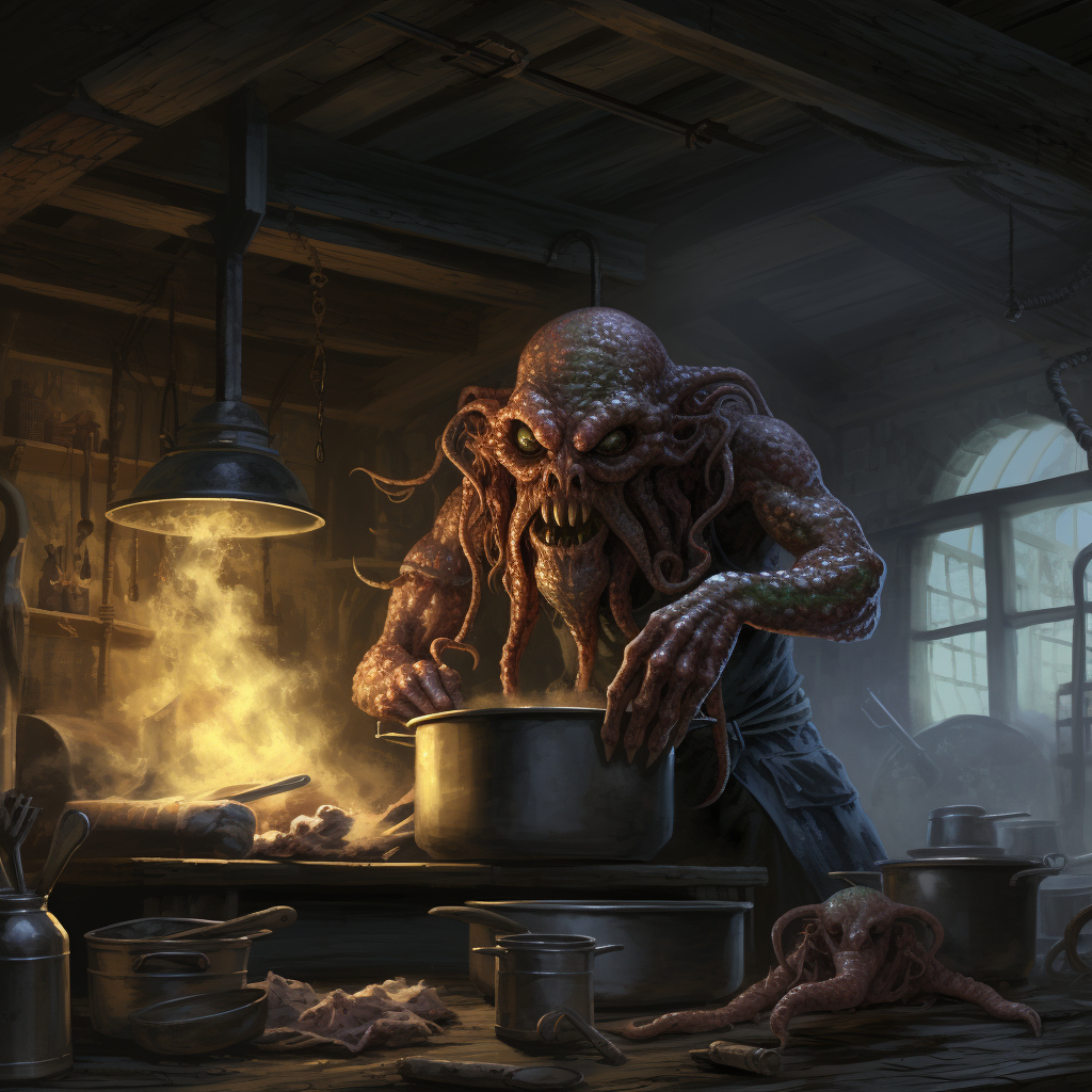 Kraken cooking human in kitchen