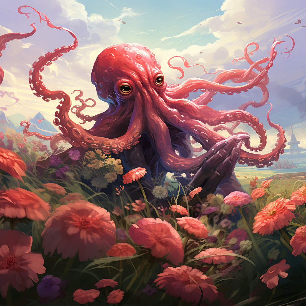 Happy kraken in flower field