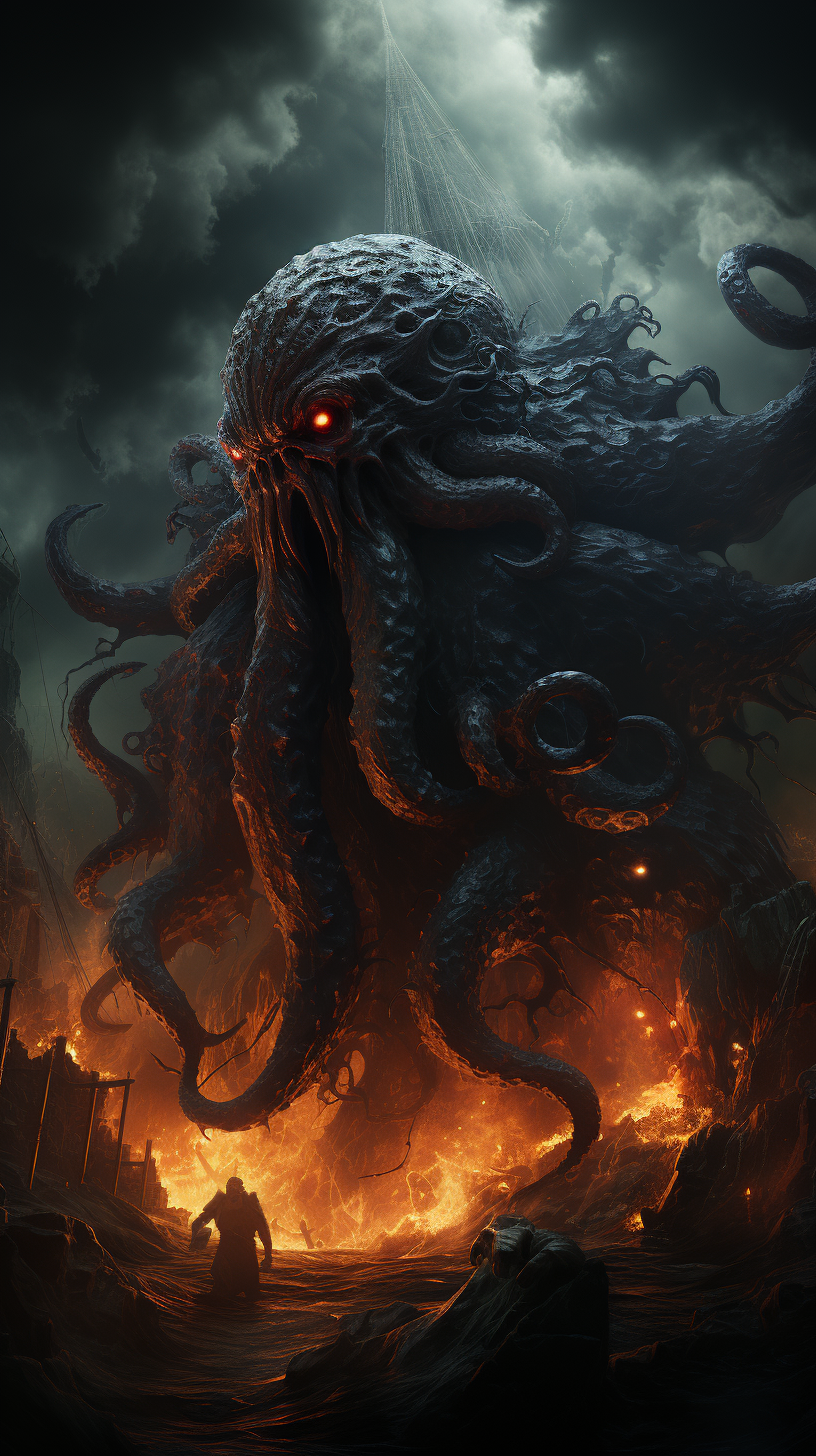 Detailed depiction of Lovecraftian Kraken emerging from seas