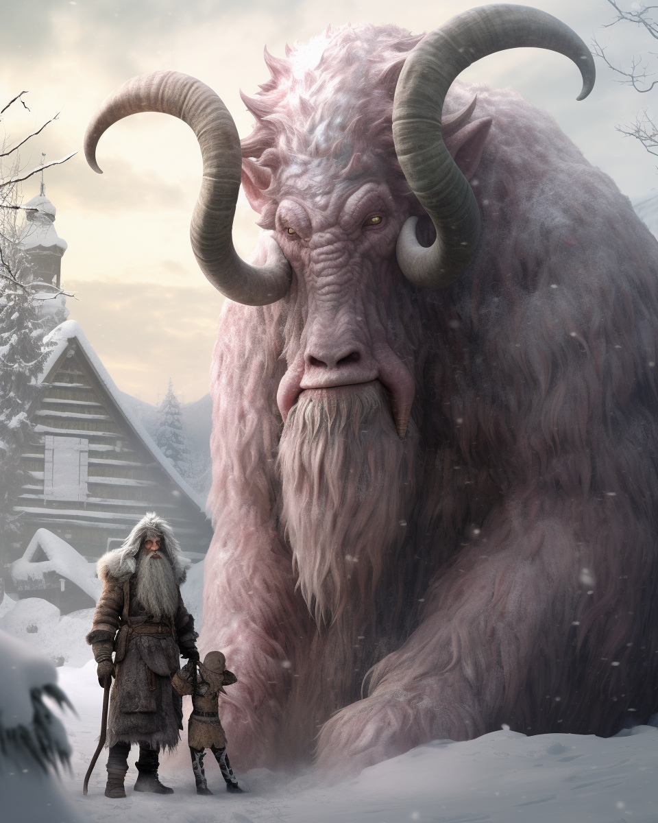 Enormous Krampus beside a giant mammoth in a horrifying village