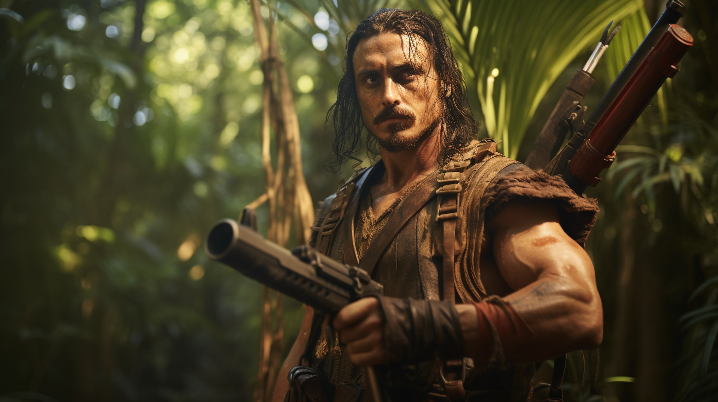 Kraven The Hunter holding hunting rifle in jungle