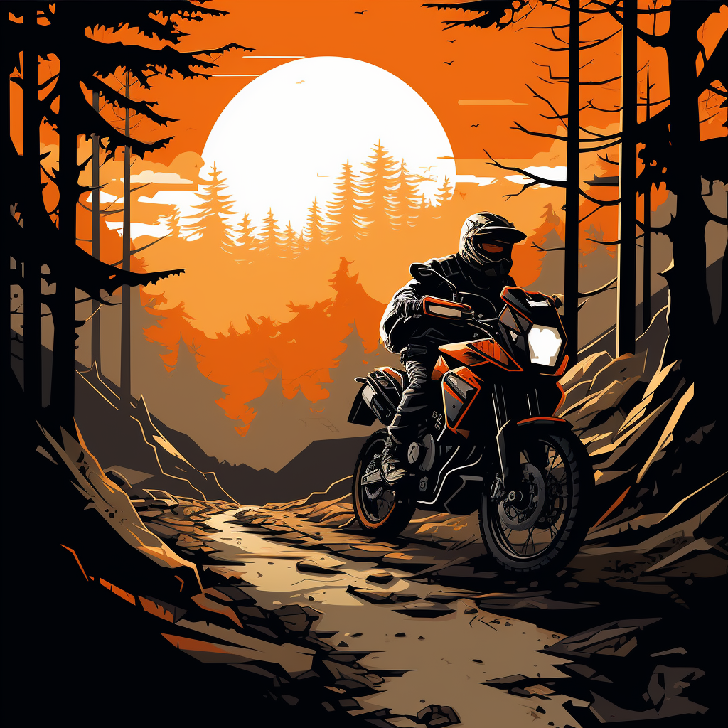 KTM adventure motorcycle among lush green trees