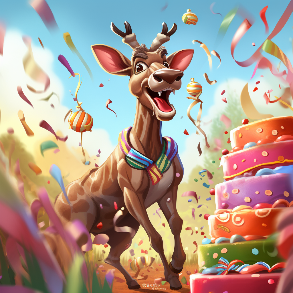 Cartoon kudu holding birthday cake and surrounded by confetti and balloons