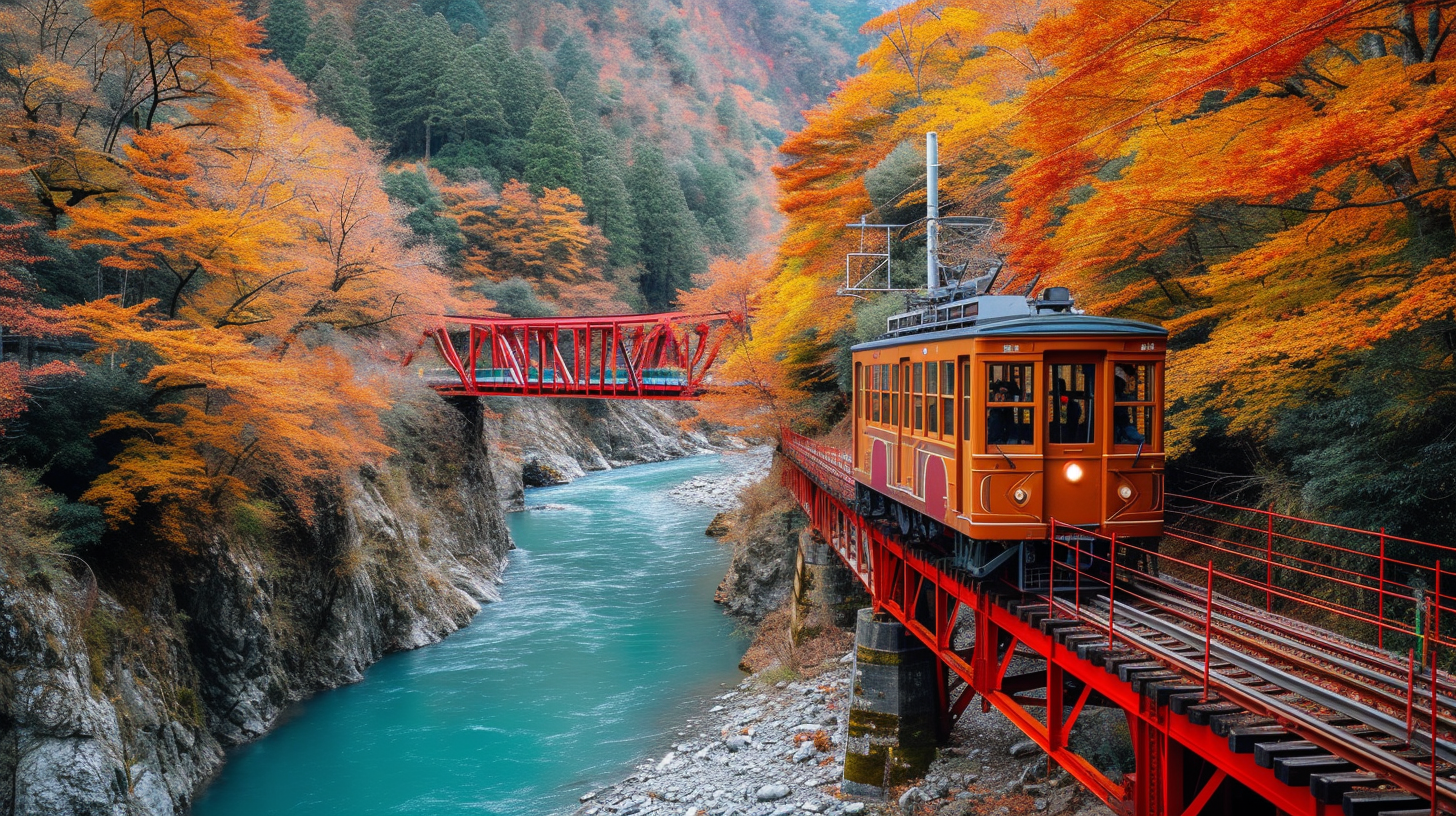 Panoramic view of Kurobe Gorge in autumn