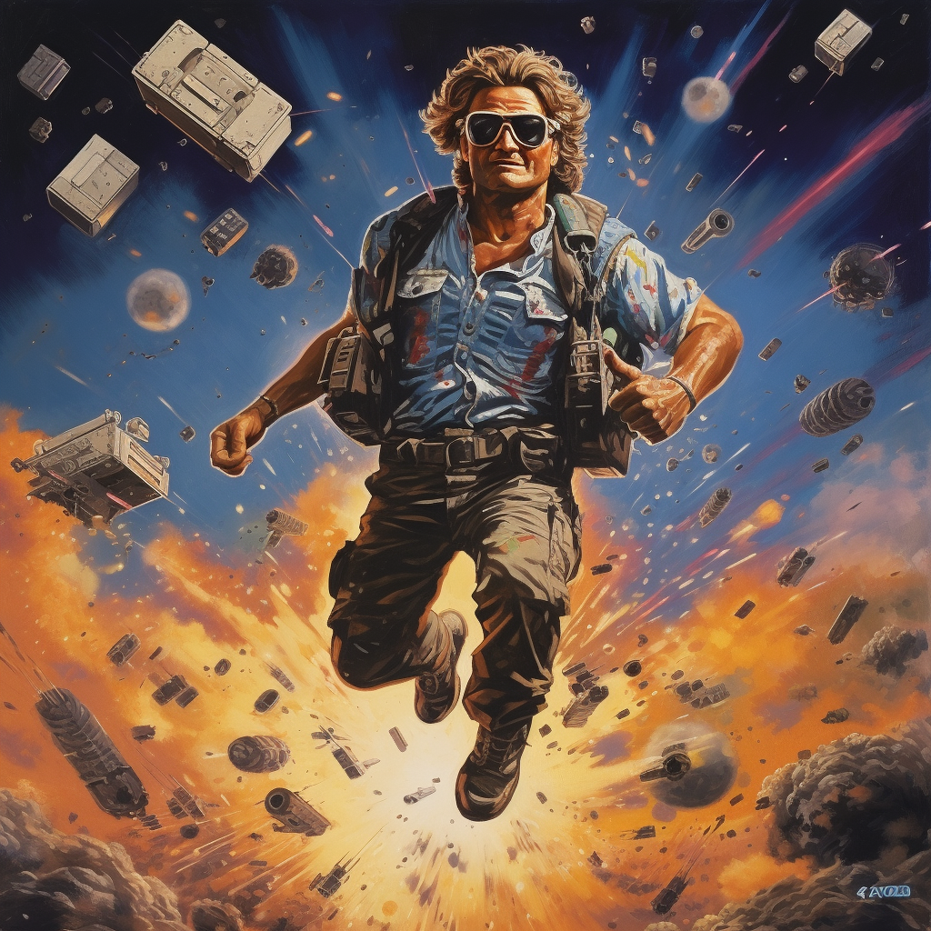 Kurt Russell running away from exploding boomboxes