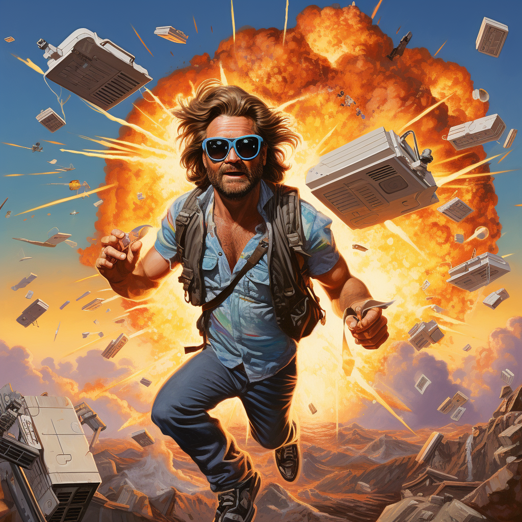 Kurt Russell running from exploding boomboxes