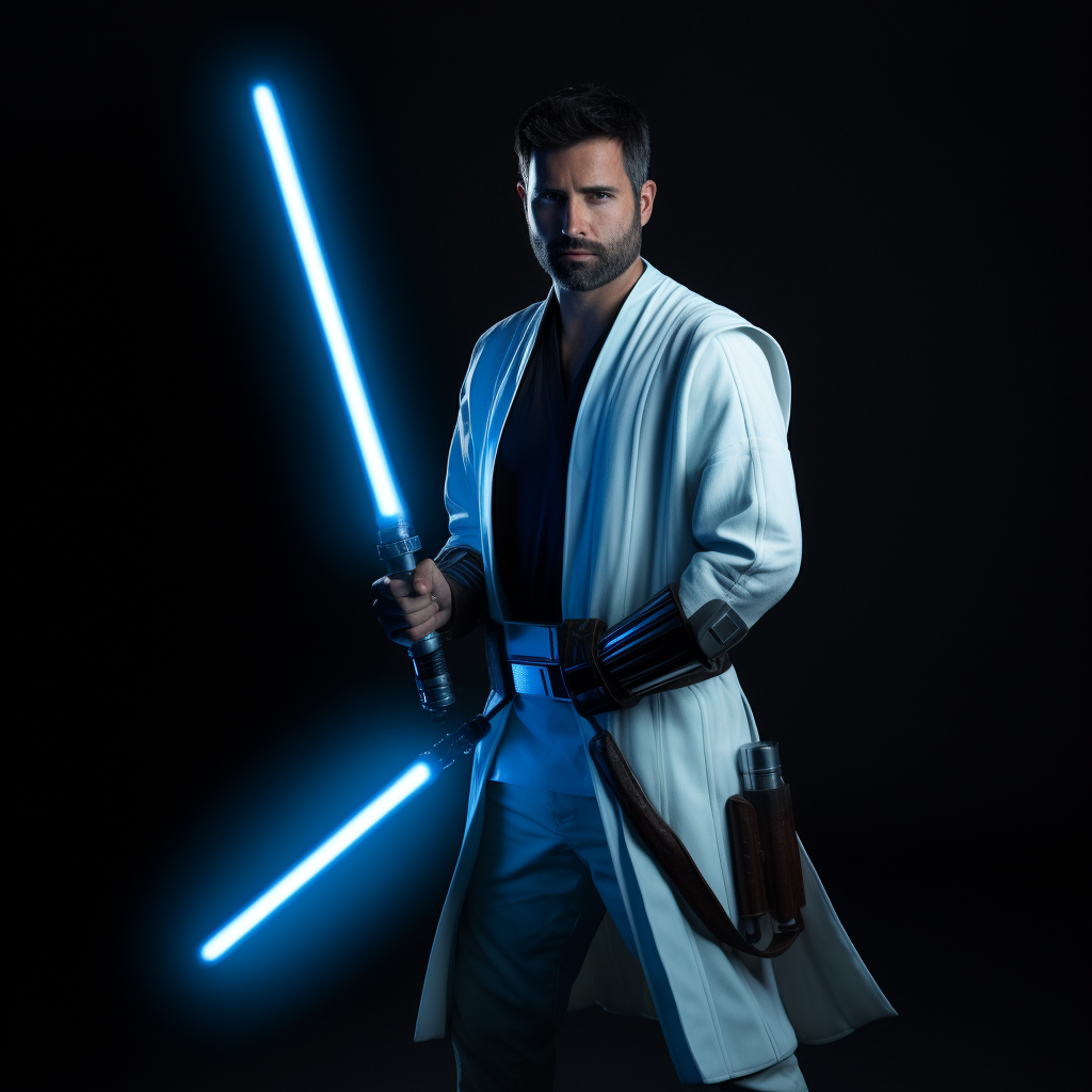 Kyle Katarn with blue lightsaber and blaster