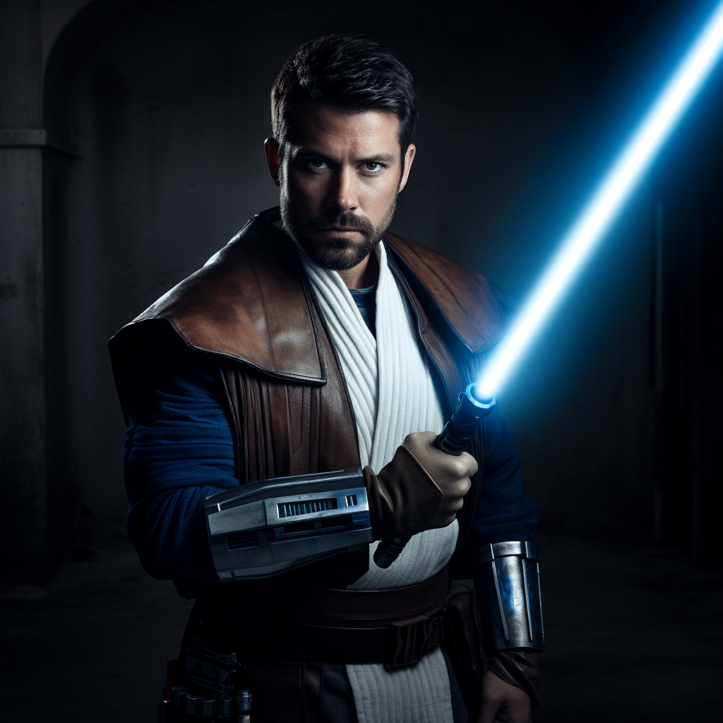 Photographic portrait of Kyle Katarn with blue lightsaber