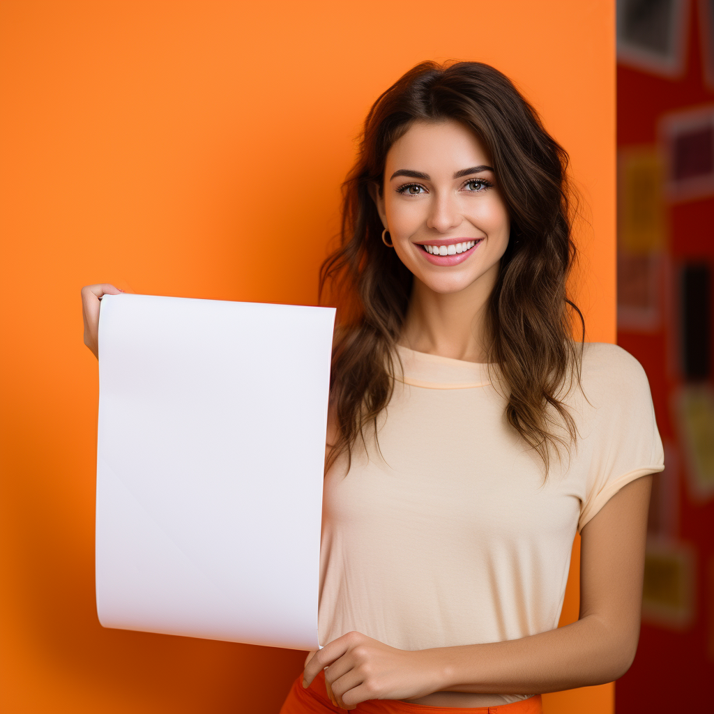 Kylie holding blank paper with smile