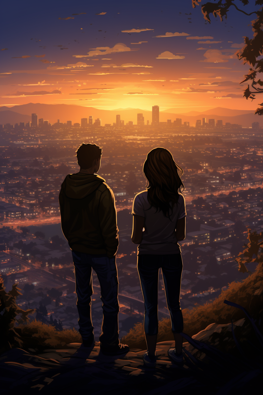 Two teens admiring distant L.A. skyline