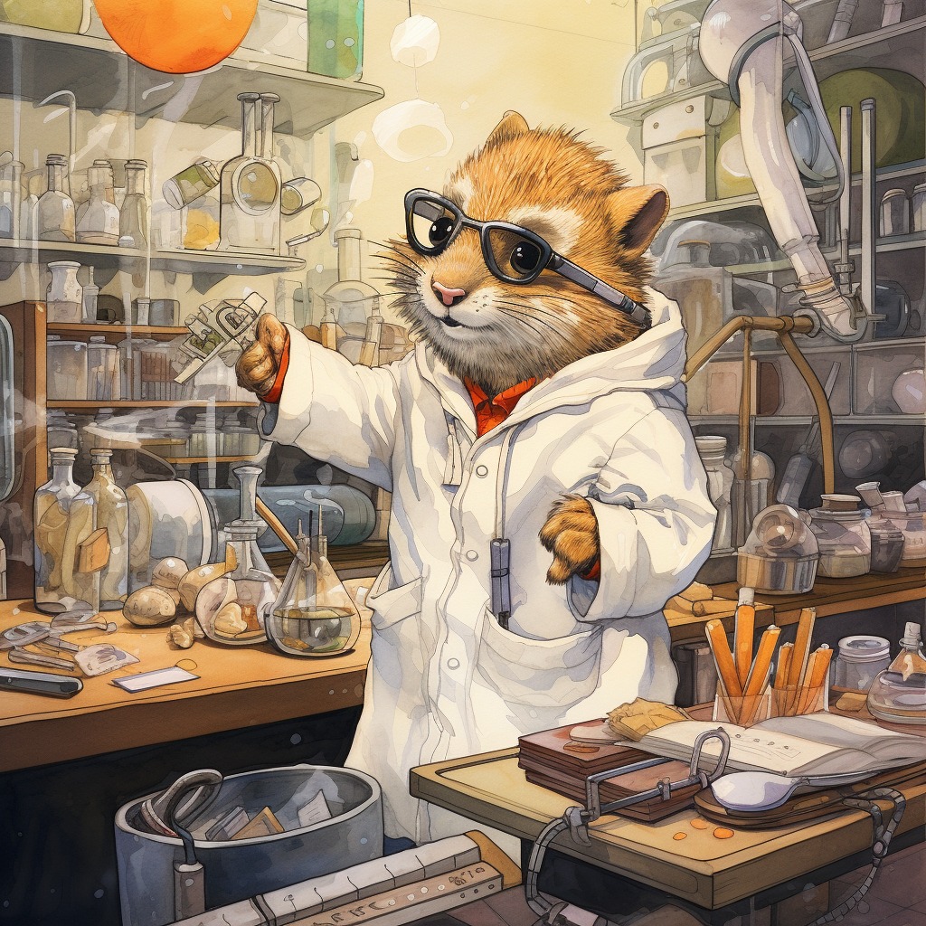 Anthropomorphic squirrel scientist in lab setting with test tube