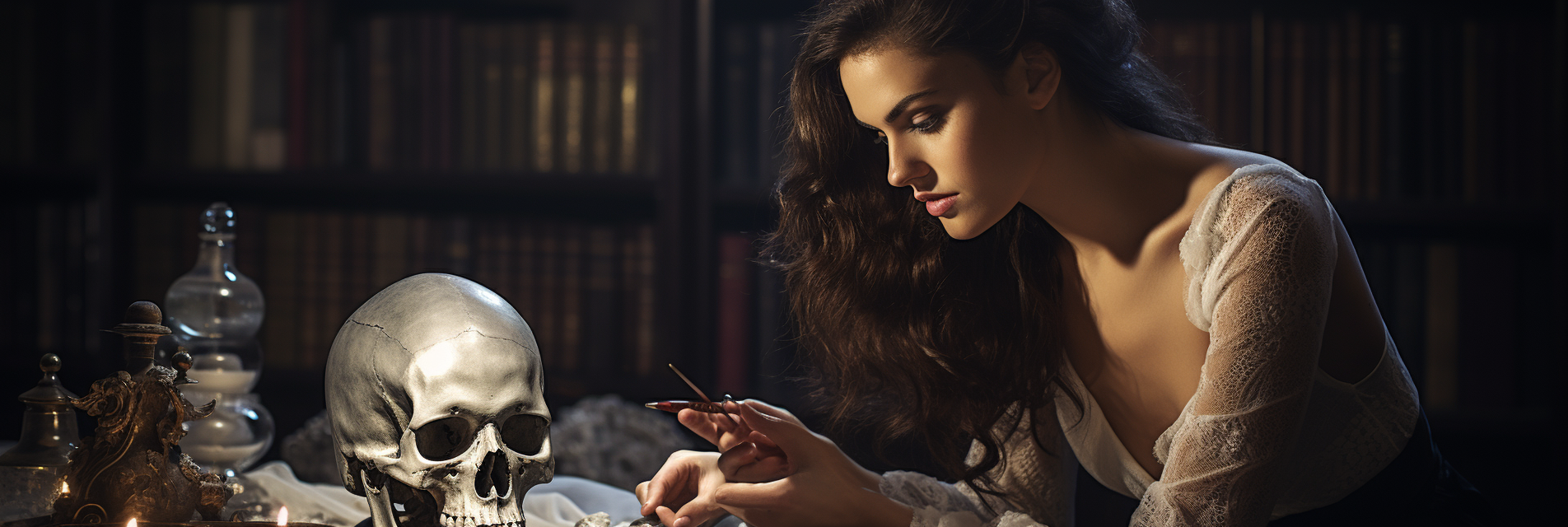 Brunette woman examining human skull closely