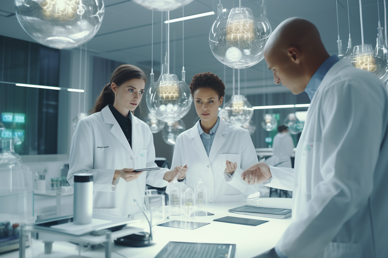 Three people in lab coats conducting experiments