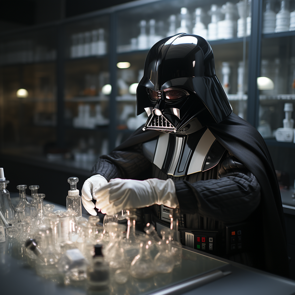 Laboratory scene with unmasked Darth Vader