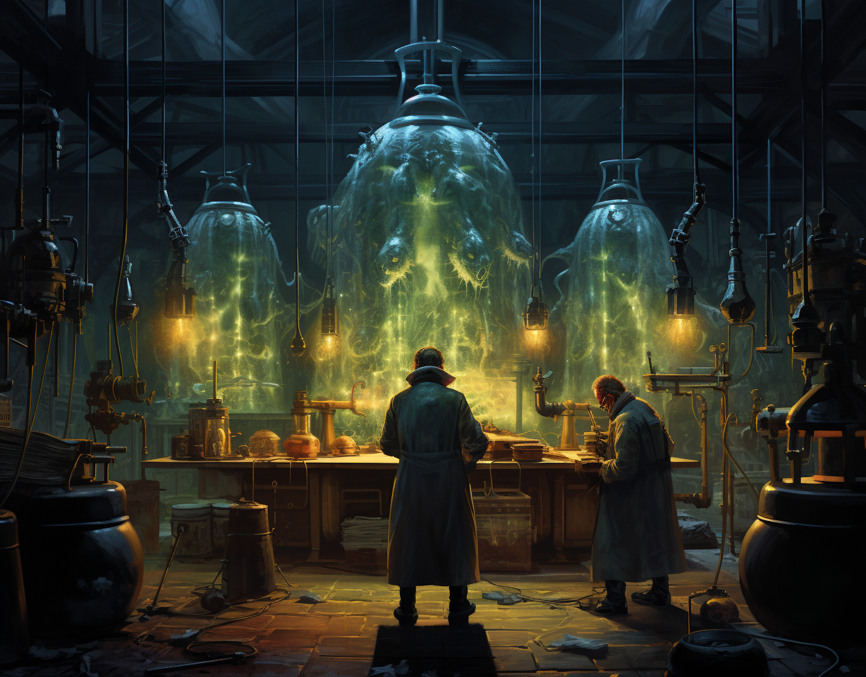 Laboratory humanoid examination fantasy painting