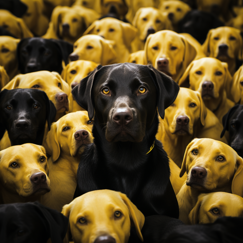 Yellow Labrador surrounded by black Labradors