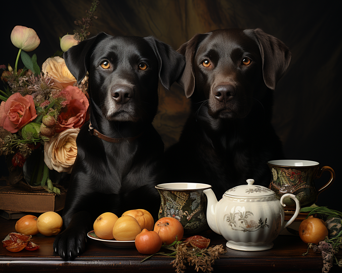 Two happy dogs enjoying coffee