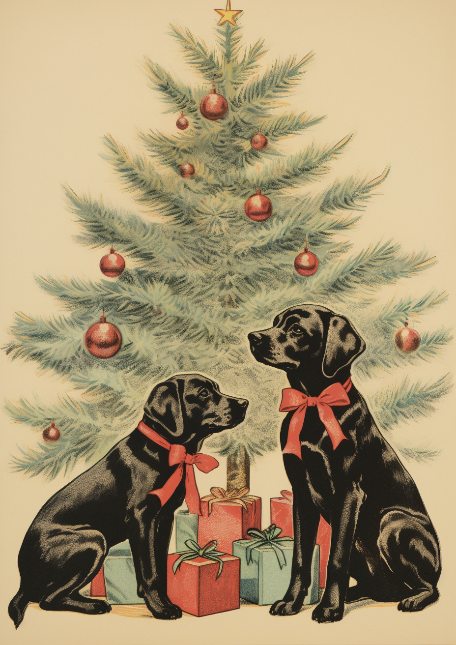 Labrador Retrievers playing around Christmas tree