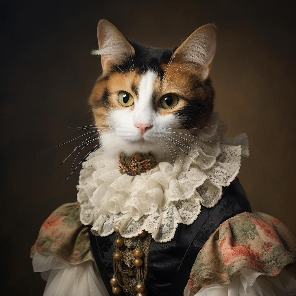 Calico cat in lace ruff fashion