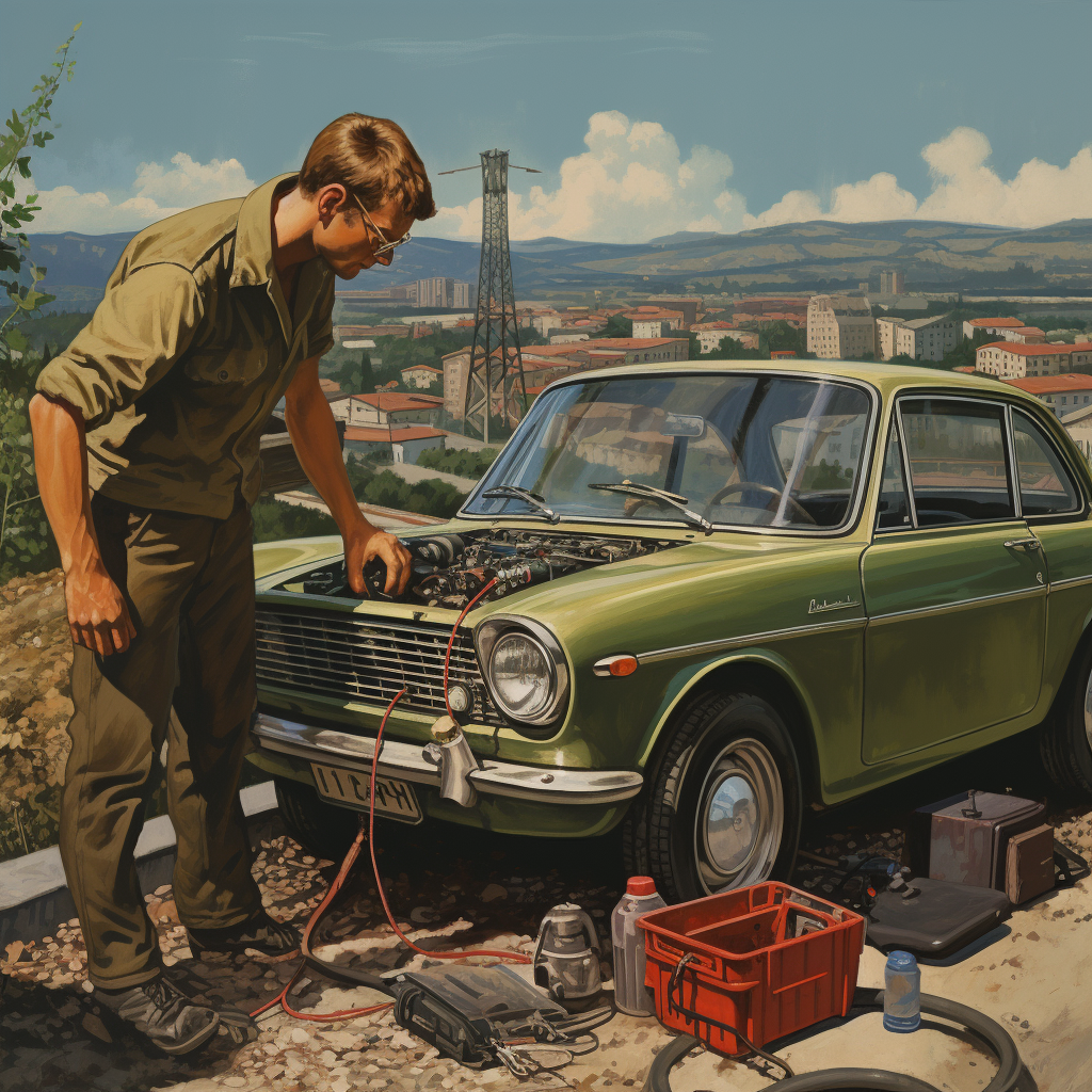 Lada car carburetor fixing on Italian freeway poster